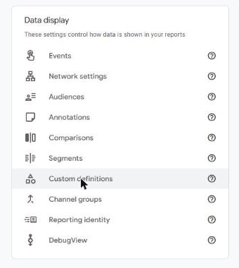 GA4 Admin, Data display card, with Custom definitions highlighted.