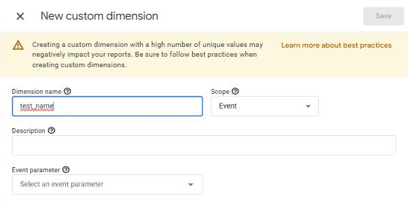 GA4 New custom dimension panel with test_name typed as the Dimension name.