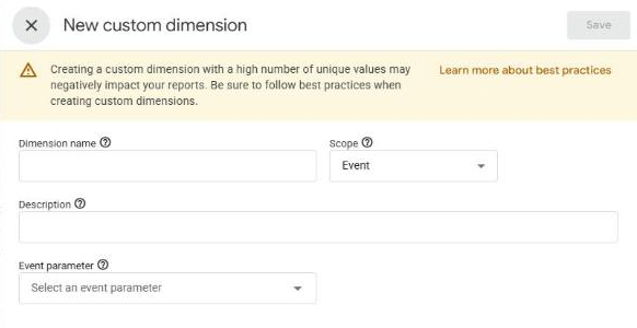 GA4 New custom dimension panel with empty Dimension name and Event parameter fields.