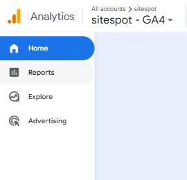 GA4 left navigation with Home, Reports and Explore.
