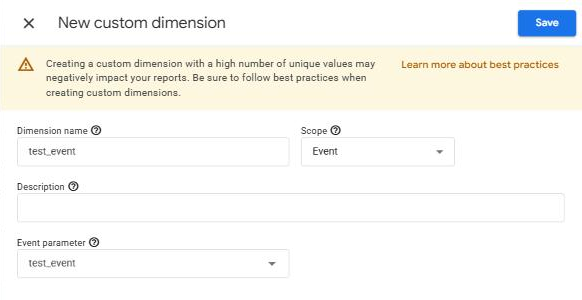 GA4 New custom dimension panel filled in: Dimension name test_event, Scope Event, Event parameter test_event.