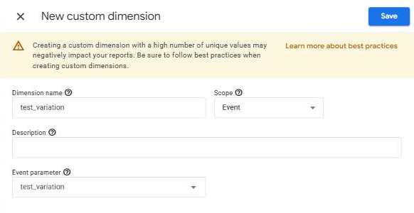 GA4 New custom dimension panel filled in: Dimension name test_variation, Scope Event, Event parameter test_variation.