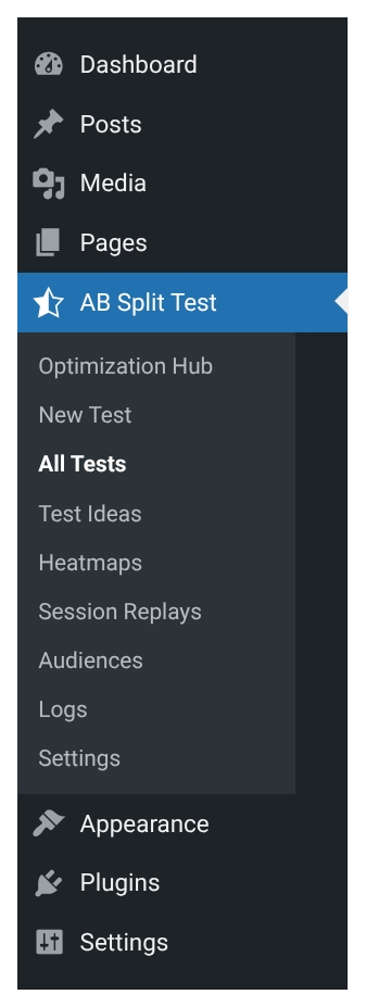 The WordPress admin menu after activation, with AB Split Test open: Optimization Hub, New Test, All Tests, Test Ideas, Heatmaps, Session Replays, Audiences, Logs and Settings.