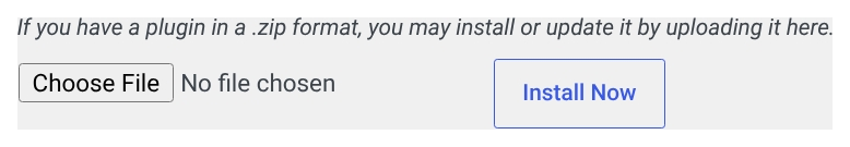The WordPress plugin upload form with Choose File and Install Now.