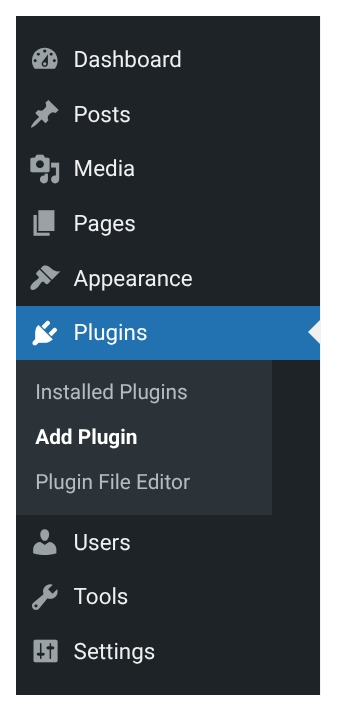 The WordPress admin menu with Plugins open and Add Plugin highlighted.