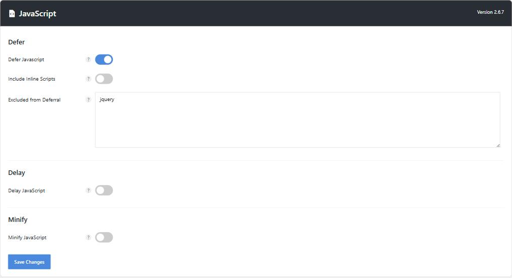 Perfmatters JavaScript settings with the Delay JavaScript toggle under Delay.
