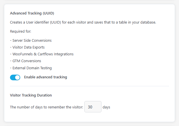 AB Split Test Settings, Tracking & Privacy tab: Advanced Tracking (UUID) with Enable advanced tracking switched on and Visitor Tracking Duration set in days.