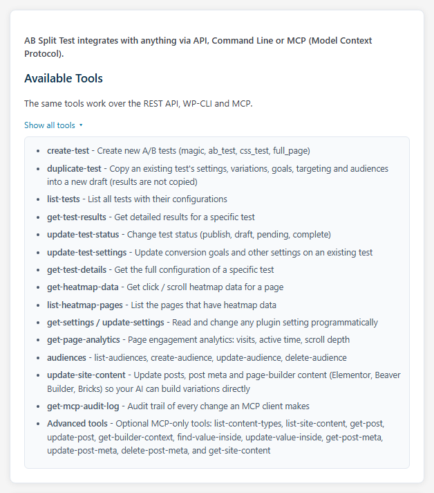 AB Split Test Settings, Developer tab: Available Tools with Show all tools open, listing the tools shared by the REST API, WP-CLI and MCP.