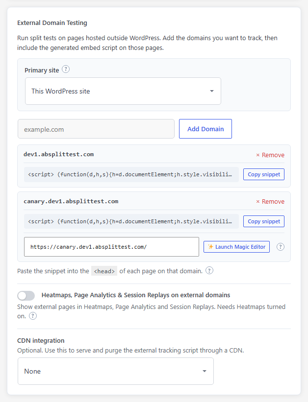 AB Split Test Settings, Tracking & Privacy tab: External Domain Testing with the primary site picker, Add Domain, and a Copy snippet button on each tracked domain.