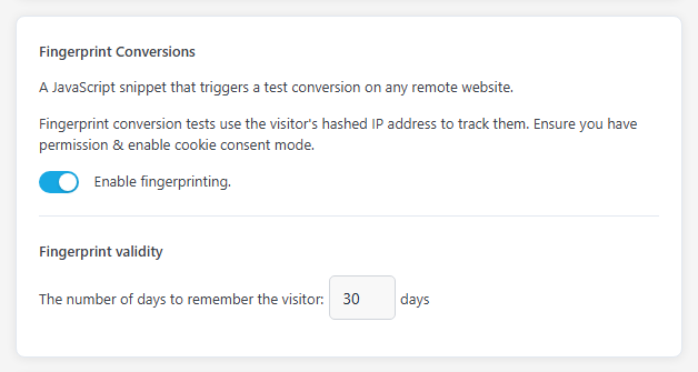 AB Split Test Settings, Conversions tab: Fingerprint Conversions with Enable fingerprinting switched on and Fingerprint validity set in days.