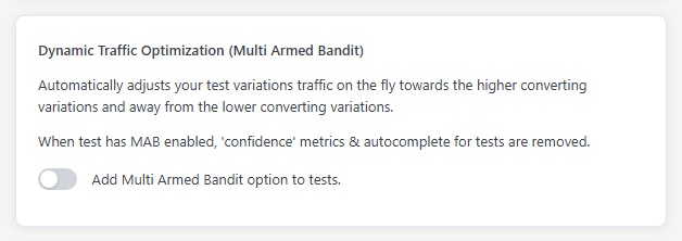 AB Split Test Settings, Testing tab: Dynamic Traffic Optimization (Multi Armed Bandit) with the Add Multi Armed Bandit option to tests switch.