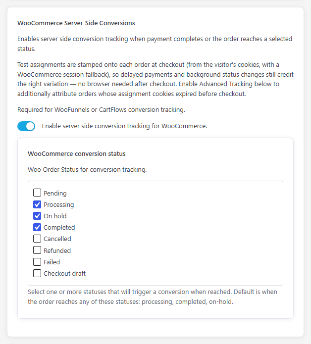 AB Split Test Settings, Conversions tab: WooCommerce Server-Side Conversions switched on, with the WooCommerce conversion status checkboxes (Processing, On hold and Completed ticked).