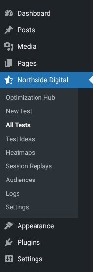 The WordPress admin menu with AB Split Test white-labelled as Northside Digital, showing its submenu: Optimization Hub, New Test, All Tests, Test Ideas, Heatmaps, Session Replays, Audiences, Logs and Settings.