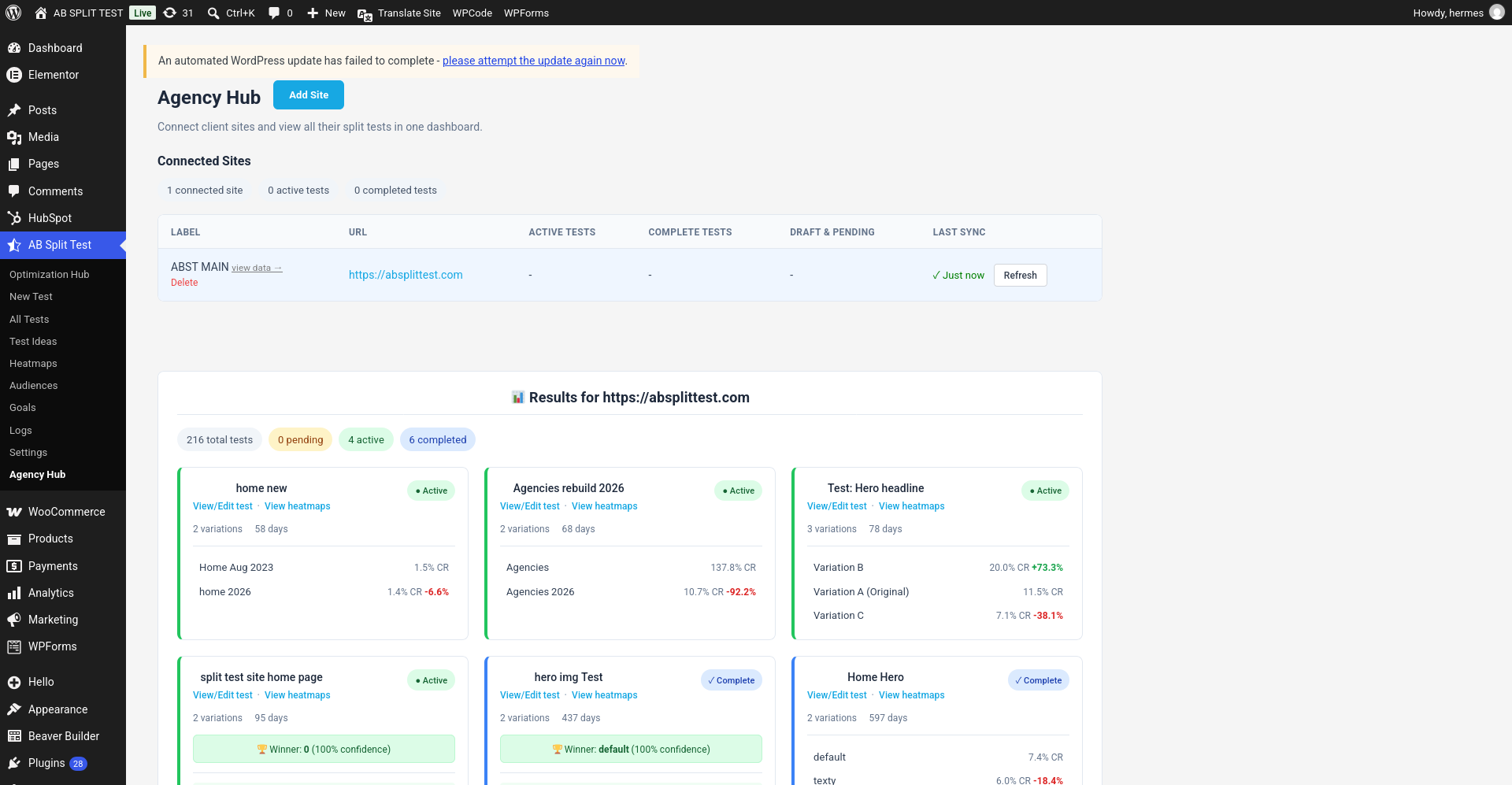 The Agency Hub dashboard showing a connected client site with its total, active and completed test counts, and a per-test list with winners and confidence.