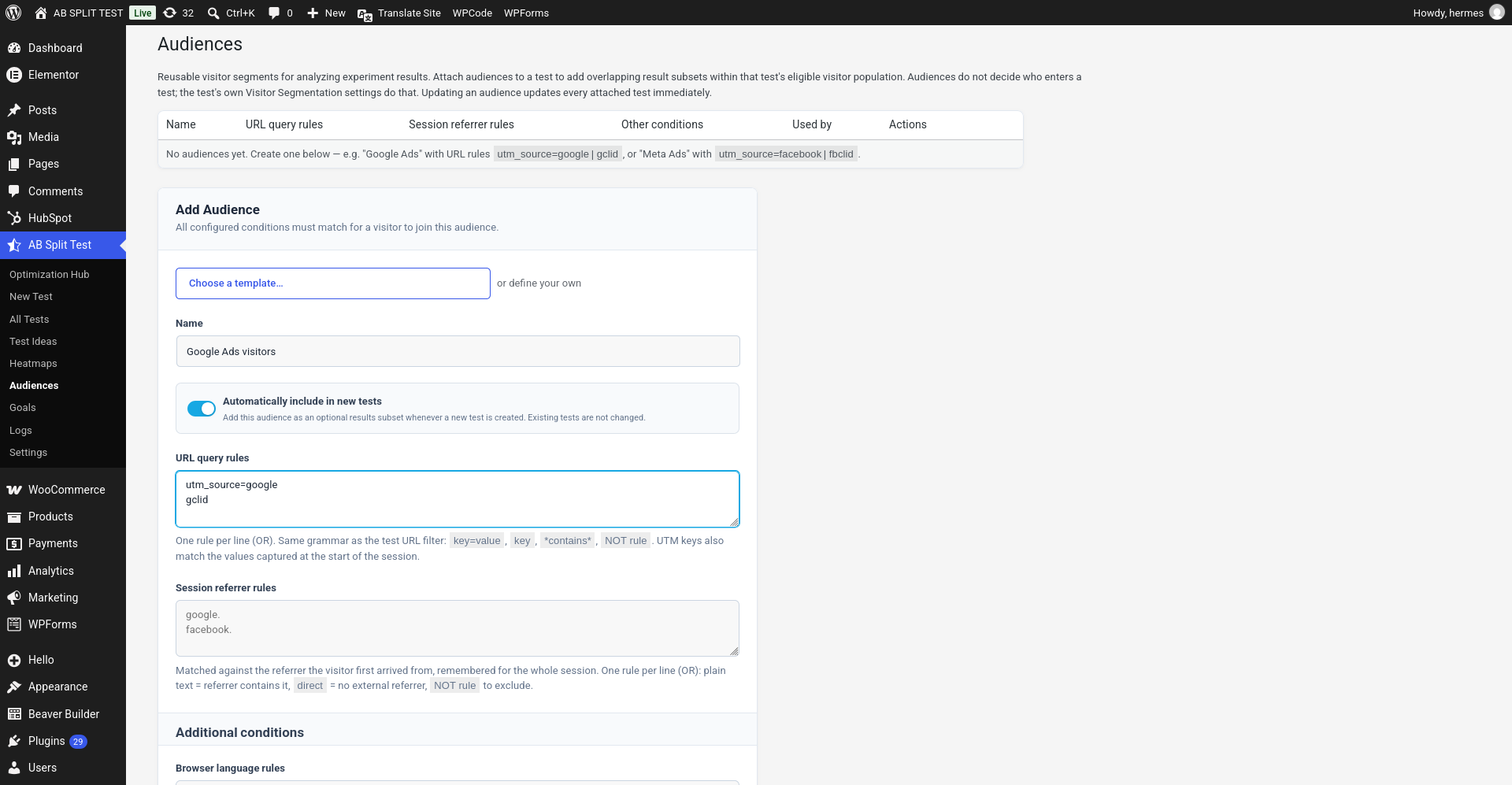 The Audiences screen with the Add Audience form open: a name, the "Automatically include in new tests" toggle, URL query rules containing utm_source=google and gclid, and session referrer rules.