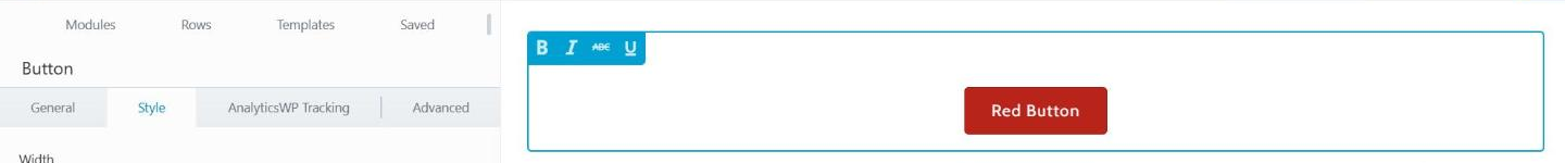 The Red Button module selected in Beaver Builder with its settings panel open.