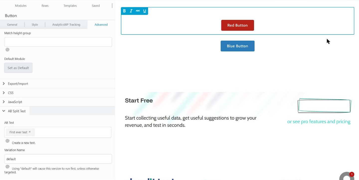 The Red Button's Advanced settings in Beaver Builder, with the AB Split Test section set to the test First ever test.