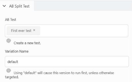 The AB Split Test section in Beaver Builder with the test First ever test and the Variation Name default.