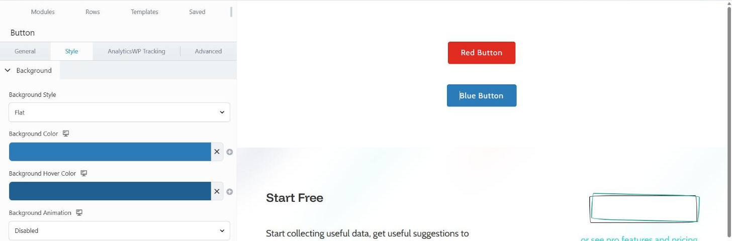 The duplicated button renamed Blue Button in Beaver Builder, with its Style tab showing a blue background colour.
