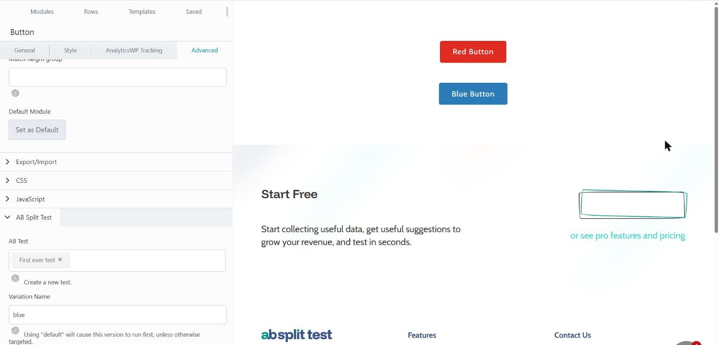 The Blue Button's AB Split Test section in Beaver Builder: test First ever test, Variation Name blue.