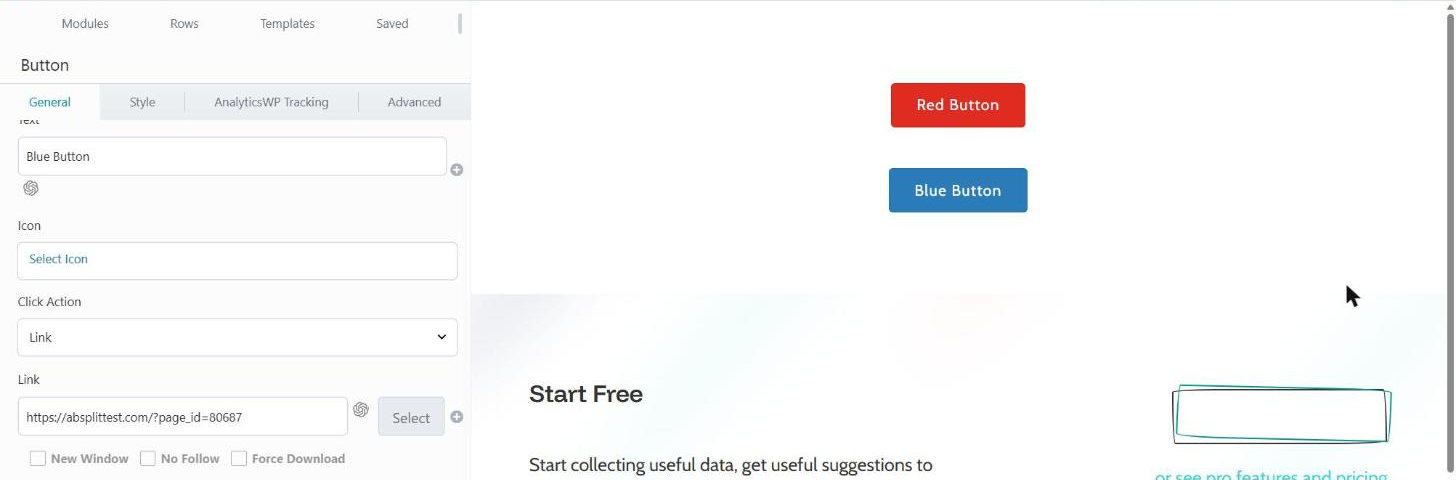 The Blue Button's General tab in Beaver Builder with its Link pointing to the conversion page.