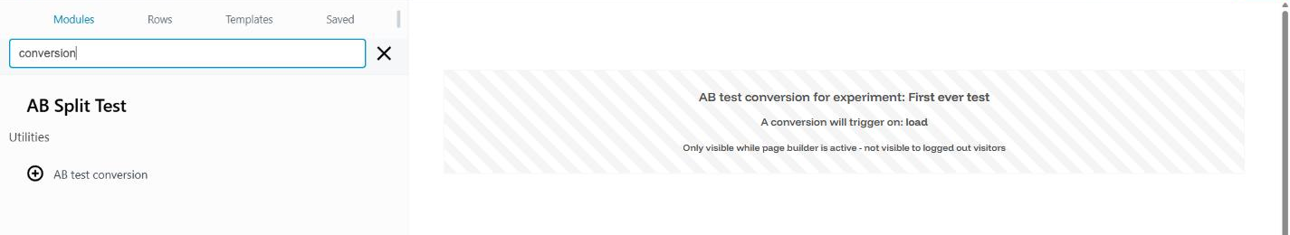 The Beaver Builder module search filtered to conversion, showing the AB test conversion module under AB Split Test.