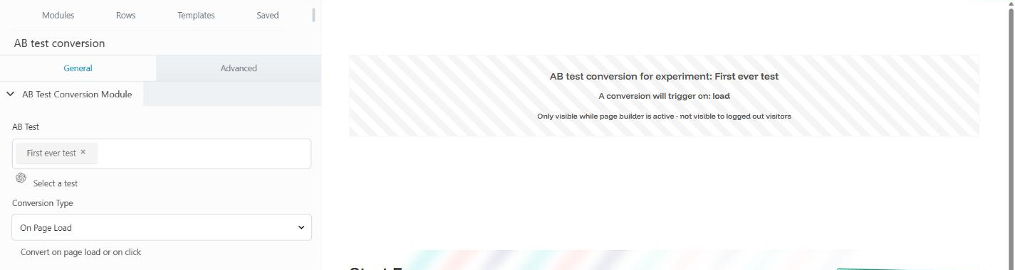 The AB test conversion module settings in Beaver Builder: AB Test set to First ever test, Conversion Type On Page Load.
