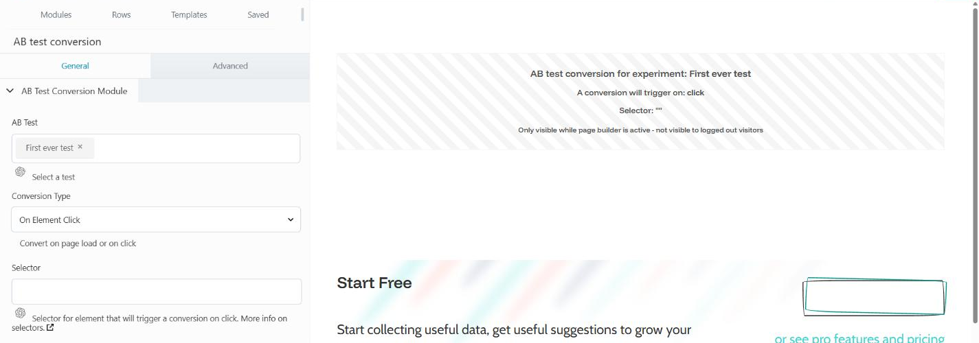 The conversion module switched to On Element Click, with the Selector field for the element that triggers the conversion.