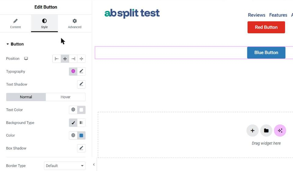 The duplicated button renamed Blue Button in Elementor, with its Style tab showing a blue background colour.