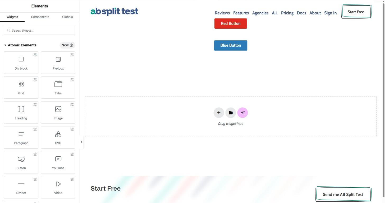 The Elementor editor with the Button widget in the panel and the Red and Blue buttons on the page.