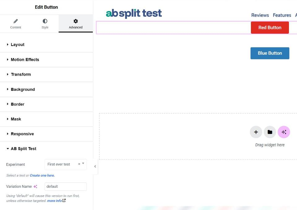 The Red Button's Advanced tab in Elementor, with the AB Split Test section's Experiment set to First ever test.