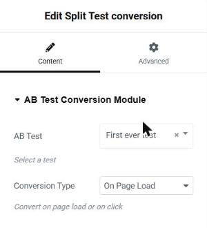 The Split Test conversion widget settings in Elementor: AB Test set to First ever test, Conversion Type On Page Load.