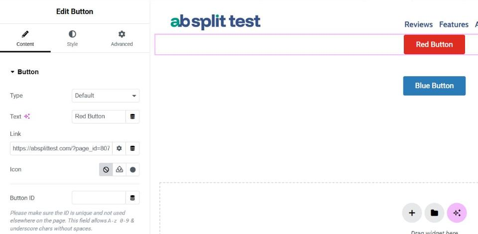 The Red Button selected in Elementor with its Content tab open, showing the text Red Button.