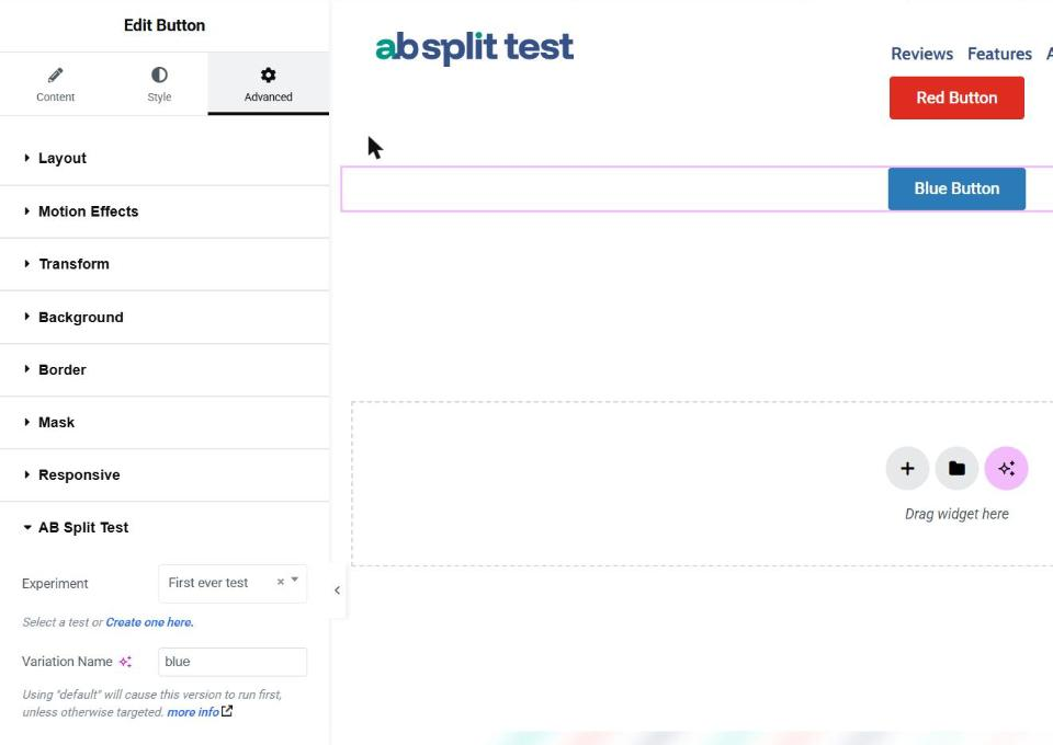 The Blue Button's AB Split Test section in Elementor: Experiment First ever test, Variation Name blue.