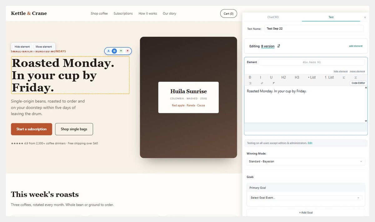 The AB Split Test point-and-click editor open on a plain HTML coffee shop page, editing the hero headline for the B variation, with test name, winning mode and goals in the side panel.