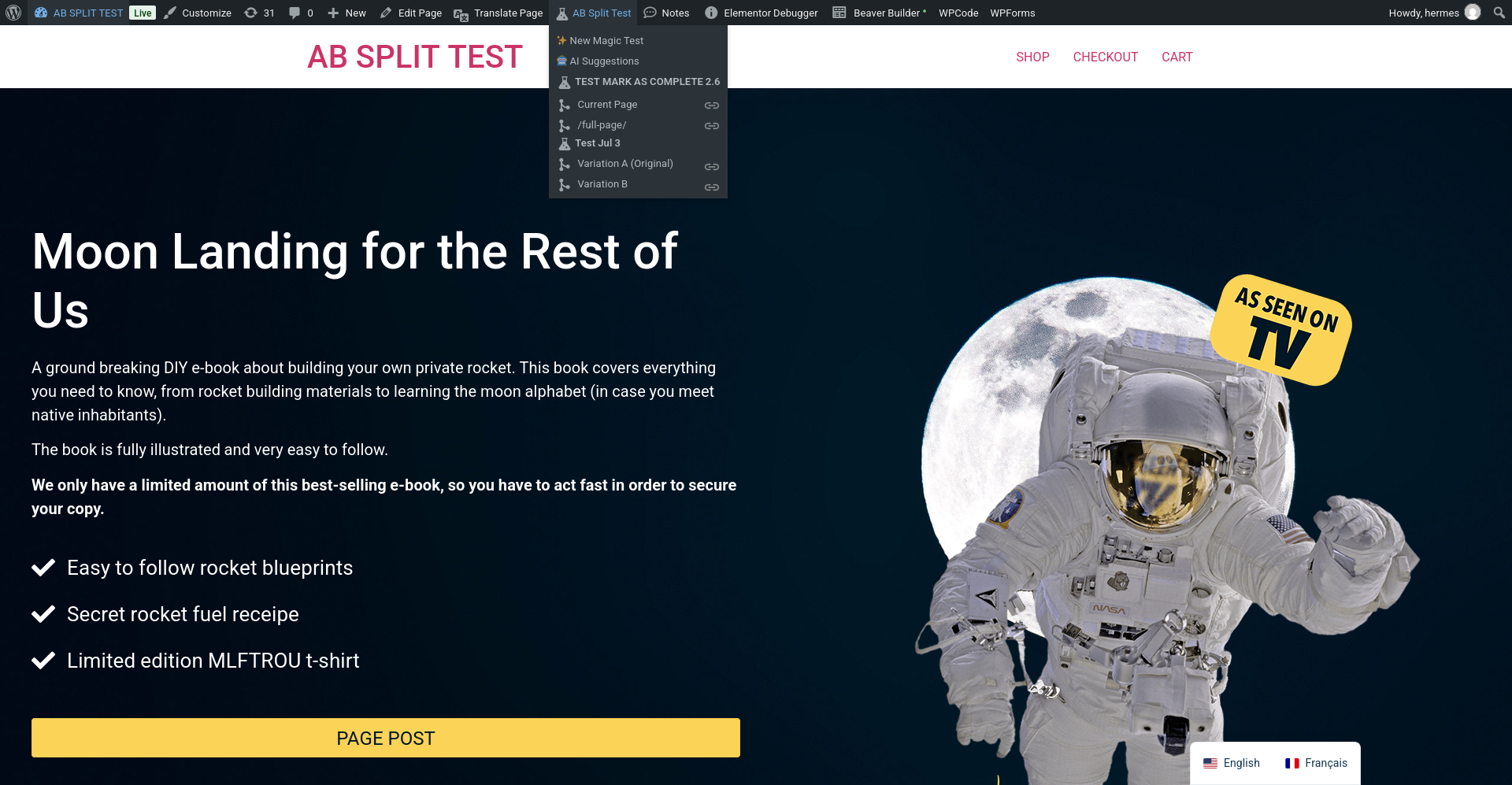 The AB Split Test dropdown open in the WordPress admin bar over a live page, showing New Magic Test, AI Suggestions, and the running tests on this page with links to preview each variation.