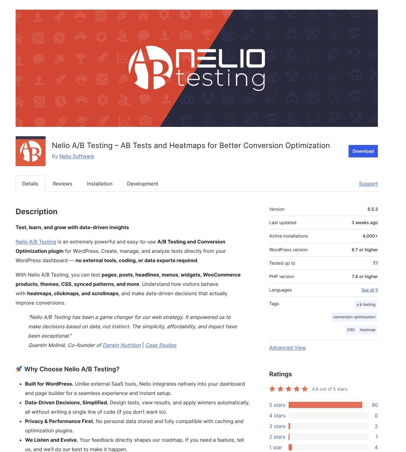 Nelio A/B Testing listing on wordpress.org, captured 14 September 2026.
