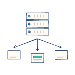 Notebook sketch of a server stack sending test variations out to three separate site cards.