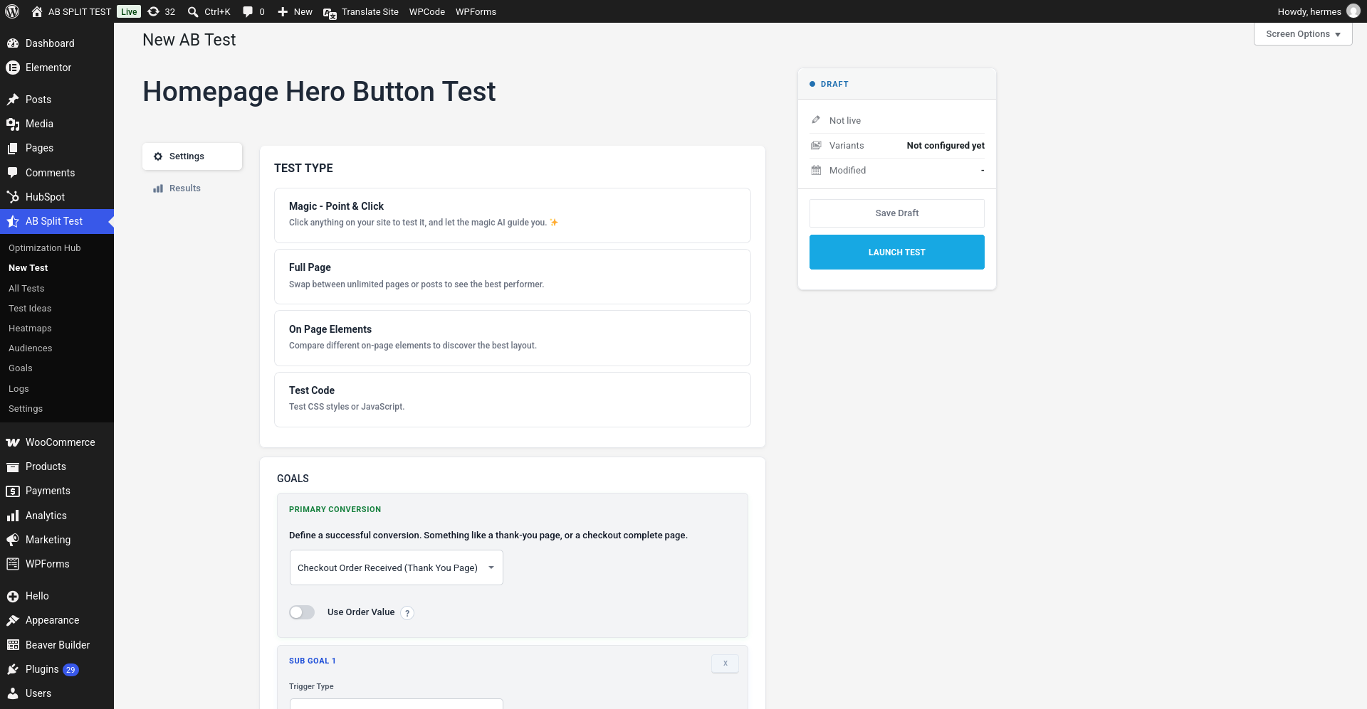 The New AB Test screen: the four test types (Magic - Point & Click, Full Page, On Page Elements and Test Code), the Goals block with the primary conversion dropdown, and the Launch Test panel.