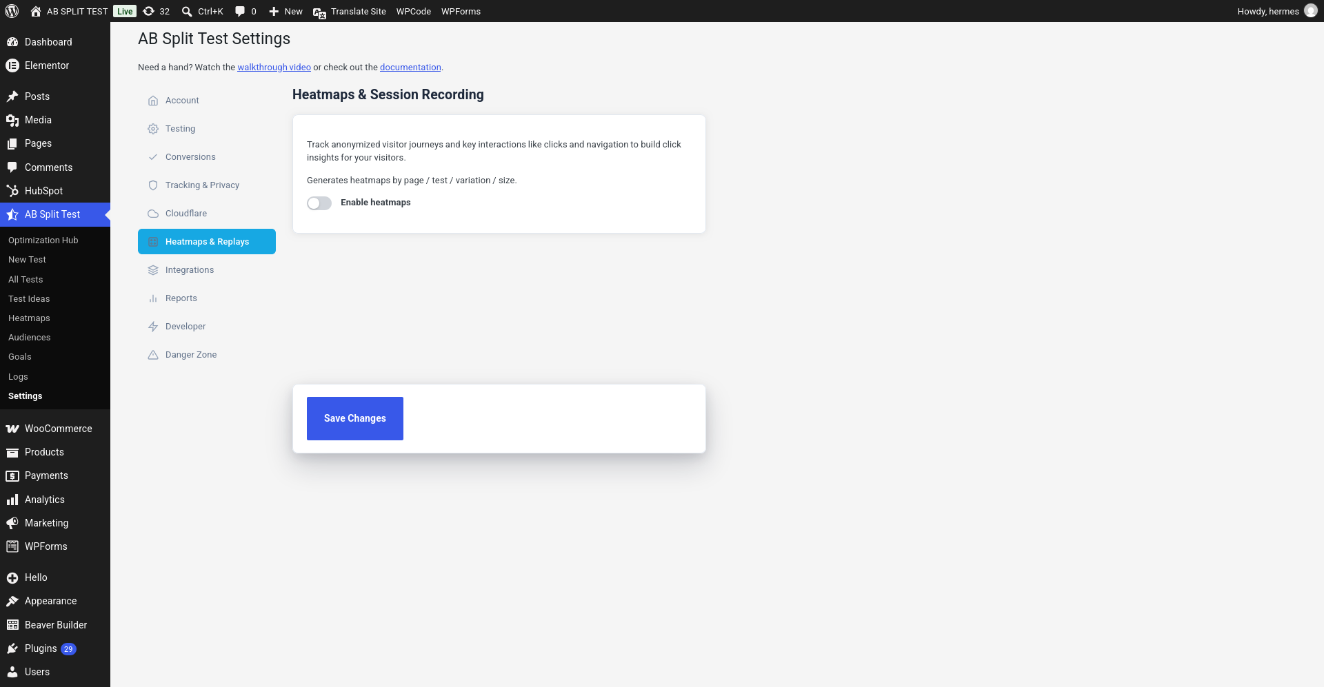 AB Split Test settings, Heatmaps & Replays: the Heatmaps & Session Recording panel with the Enable heatmaps toggle.