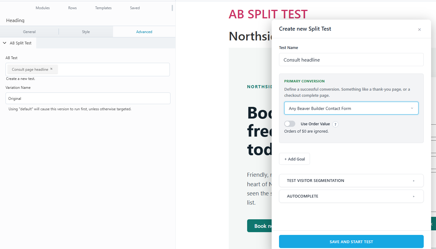 The AB Split Test section in Beaver Builder's Advanced tab next to the Create new Split Test window, with Any Beaver Builder Contact Form chosen as the conversion goal.