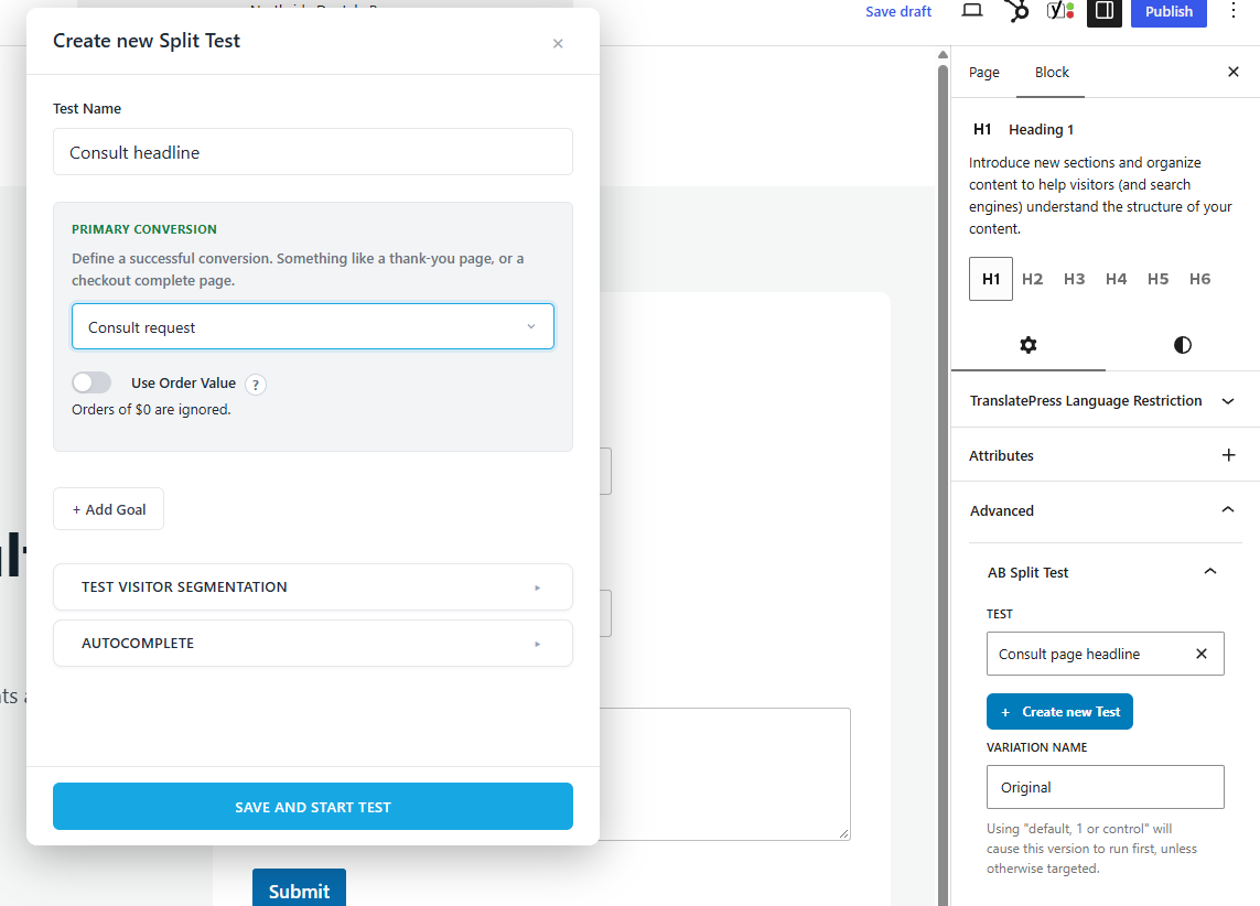 The AB Split Test panel in the block editor sidebar next to the Create new Split Test window, with a WPForms form chosen as the conversion goal.