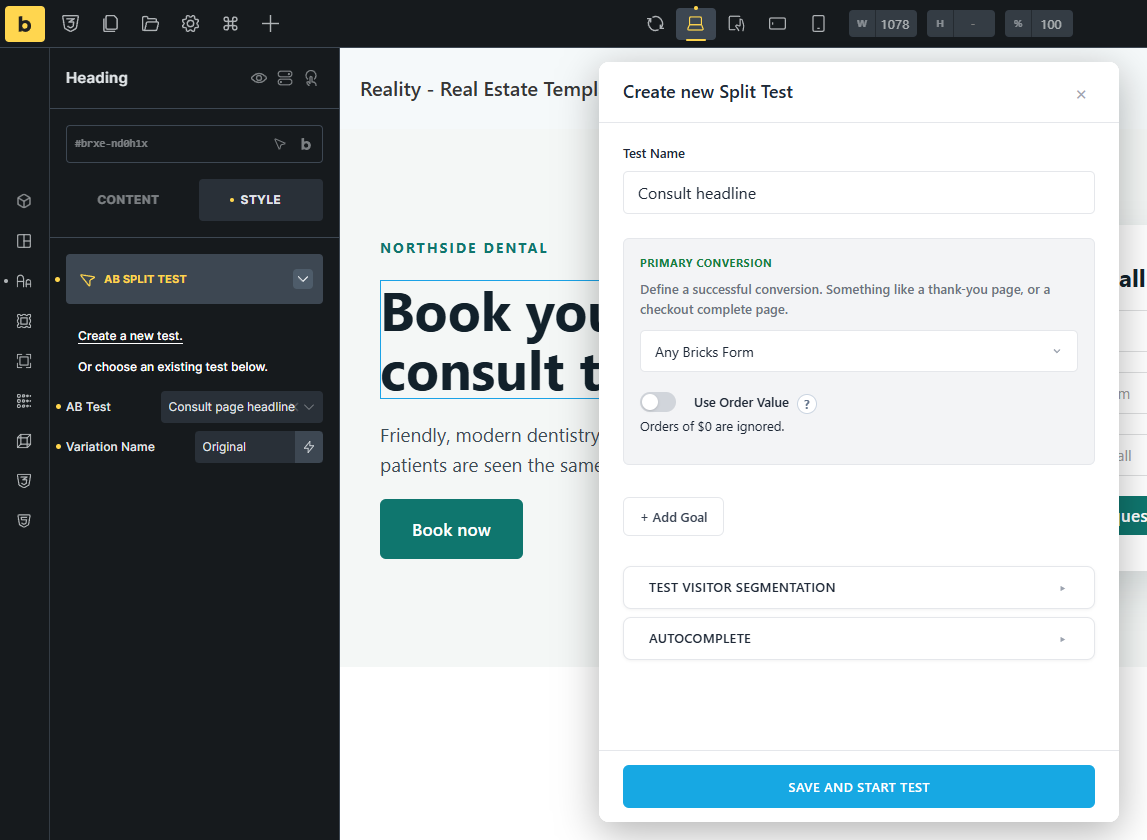 The AB Split Test controls in the Bricks Style tab next to the Create new Split Test window, with Any Bricks Form chosen as the conversion goal.