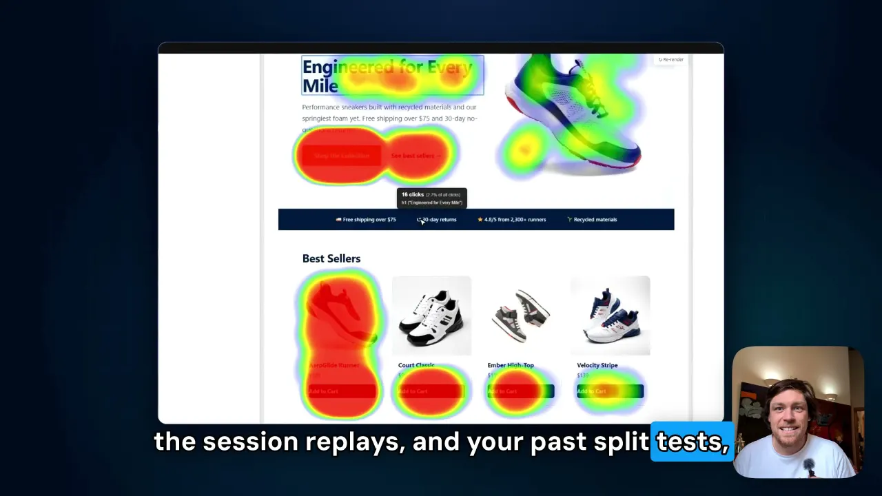 AB Split Test demo video: a click heatmap on a demo store, with Tom talking in the corner.