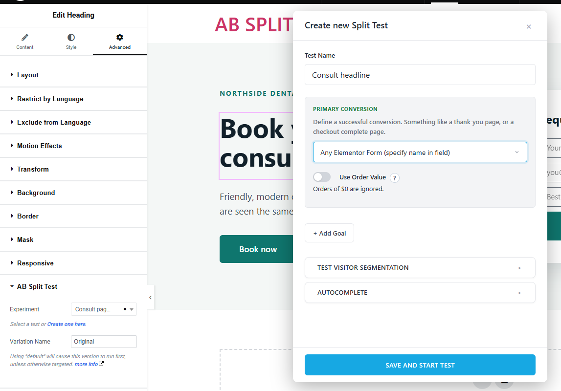 The AB Split Test section in Elementor's Advanced tab next to the Create new Split Test window, with Any Elementor Form chosen as the conversion goal.