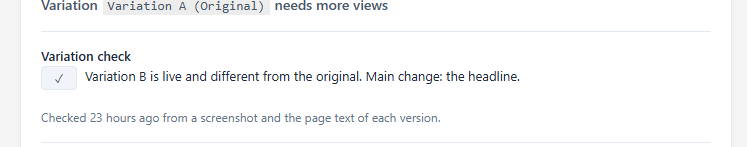 Variation check card showing Variation B is live with a headline change, last checked 23 hours ago
