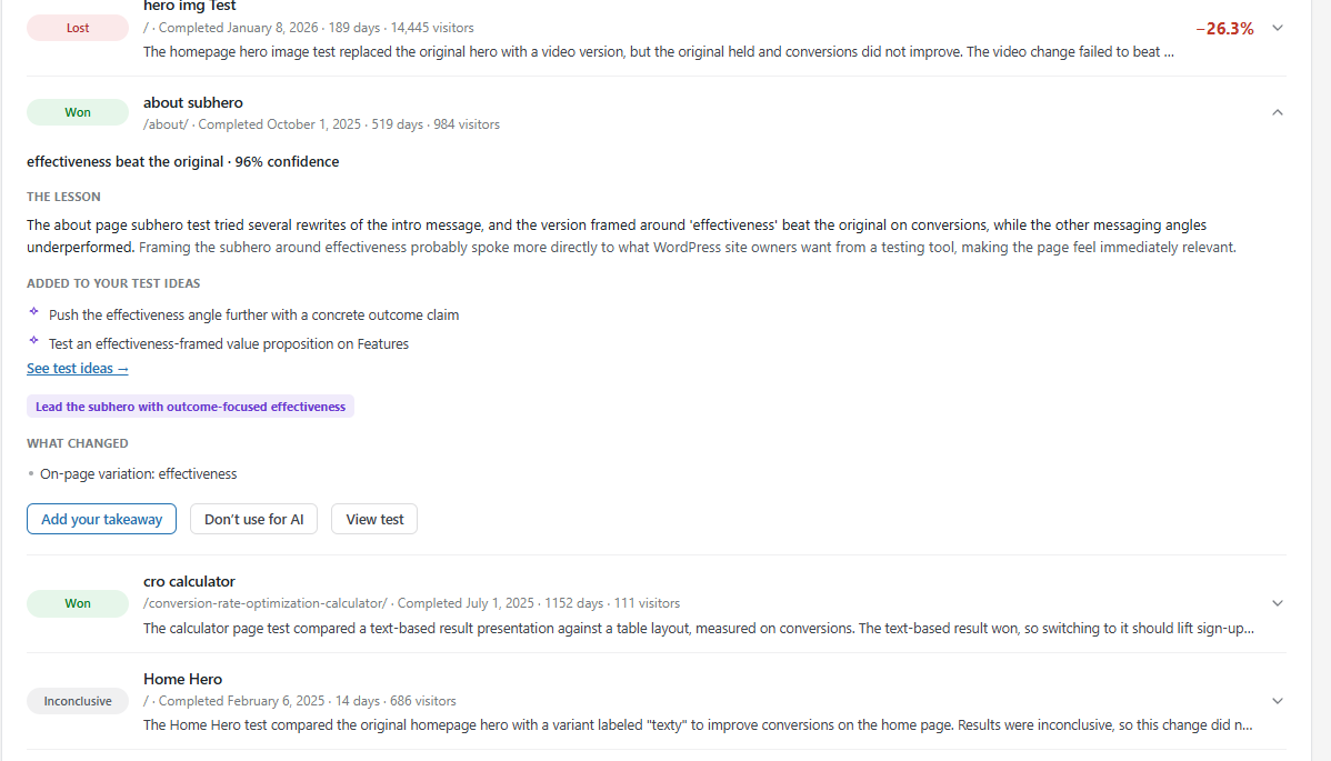 Expanded learning for the about subhero test: result sentence, the lesson, two added test ideas, what changed, and buttons to add a takeaway or exclude it from AI