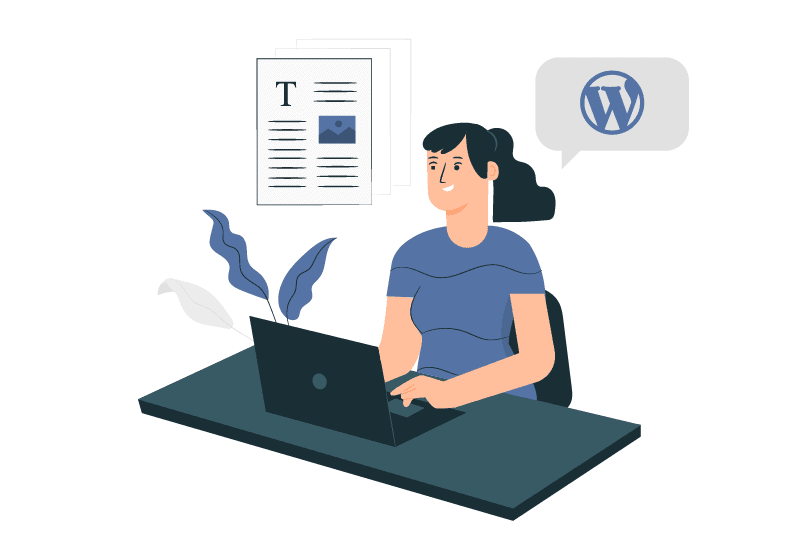 A woman working on a laptop with document and wordpress icons indicating content creation or blogging.