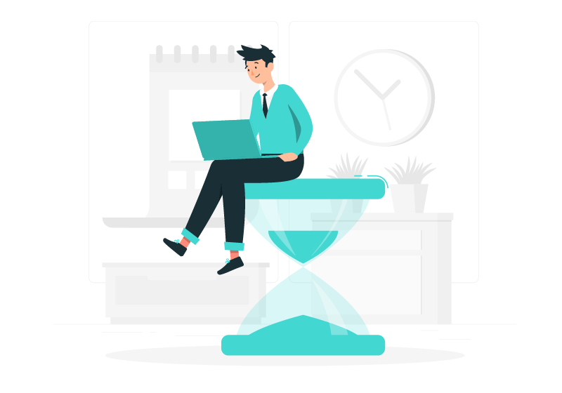 A person sitting on an hourglass and working on a laptop in a stylized office setting.