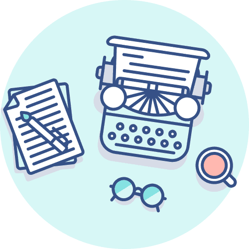 Illustration of a vintage typewriter with a coffee cup, glasses, and a notepad with a pencil.